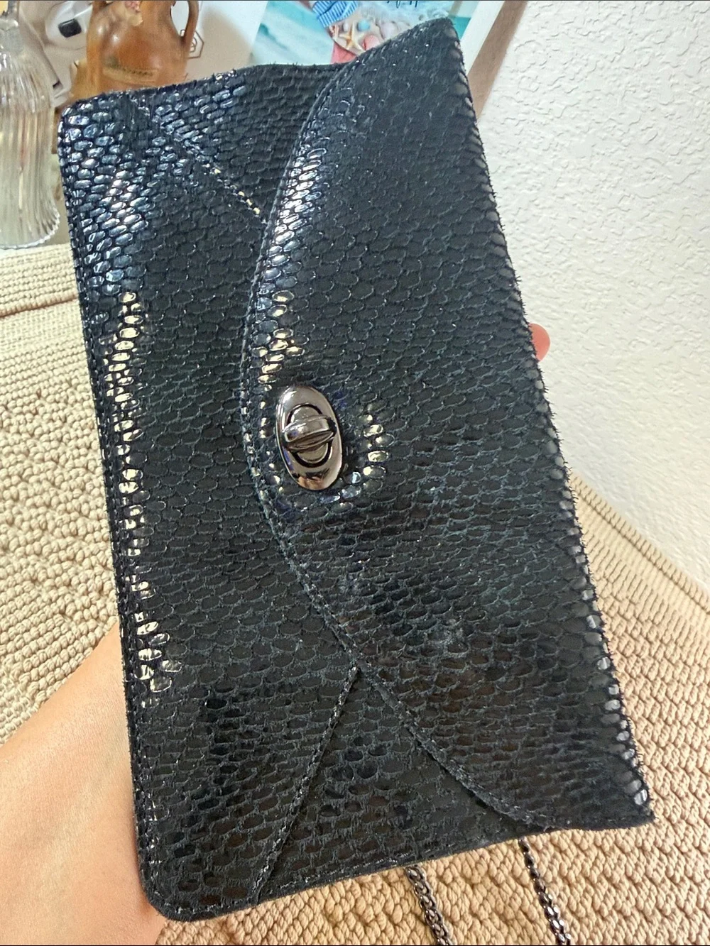 Sorial Black Textured Leather Envelope Clutch Crossbody Bag Removable Chain
